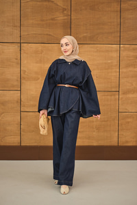 Yan Düğme Detaylı Kot Takım Lacivert