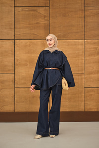 Yan Düğme Detaylı Kot Takım Lacivert