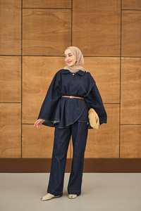 Yan Düğme Detaylı Kot Takım Lacivert