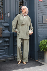 Yan Düğme Detaylı Takım Haki Yeşil