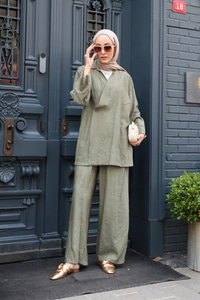 Yan Düğme Detaylı Takım Haki Yeşil