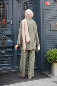 Yan Düğme Detaylı Takım Haki Yeşil