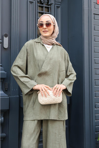 Yan Düğme Detaylı Takım Haki Yeşil