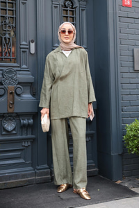 Yan Düğme Detaylı Takım Haki Yeşil