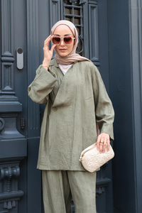 Yan Düğme Detaylı Takım Haki Yeşil