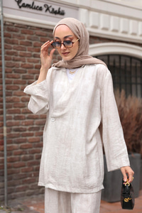 Yan Düğme Detaylı Takım Krem