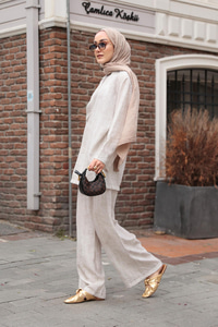 Yan Düğme Detaylı Takım Krem