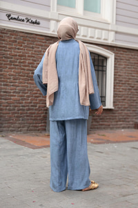 Yan Düğme Detaylı Takım Mavi