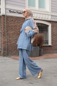 Yan Düğme Detaylı Takım Mavi