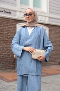 Yan Düğme Detaylı Takım Mavi