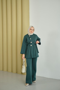 Yan Düğmeli Bel Bağlamalı Midi Boy Takım Yeşil