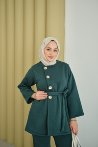 Yan Düğmeli Bel Bağlamalı Midi Boy Takım Yeşil