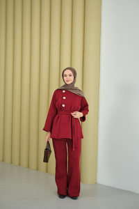 Yan Düğmeli Bel Bağlamalı Midi Boy Takım Bordo