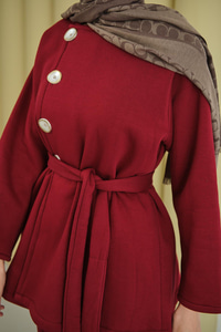 Yan Düğmeli Bel Bağlamalı Midi Boy Takım Bordo