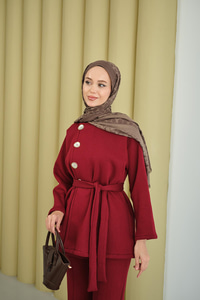 Yan Düğmeli Bel Bağlamalı Midi Boy Takım Bordo