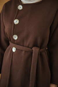 Yan Düğmeli Bel Bağlamalı Midi Boy Takım Kahverengi