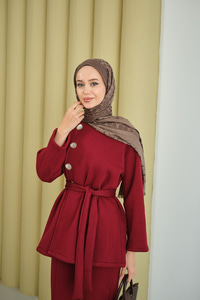 Yan Düğmeli Bel Bağlamalı Midi Boy Takım Bordo
