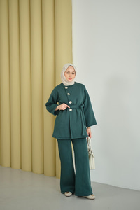 Yan Düğmeli Bel Bağlamalı Midi Boy Takım Yeşil
