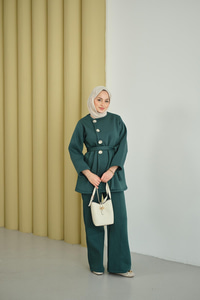 Yan Düğmeli Bel Bağlamalı Midi Boy Takım Yeşil