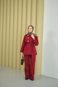 Yan Düğmeli Bel Bağlamalı Midi Boy Takım Bordo