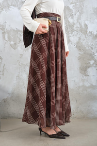 Yan Fermuarlı Kare Desen Şifon Etek Kahverengi