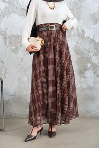 Yan Fermuarlı Kare Desen Şifon Etek Kahverengi