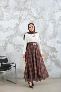 Yan Fermuarlı Kare Desen Şifon Etek Kahverengi