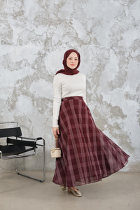 Yan Fermuarlı Kare Desen Şifon Etek Mürdüm