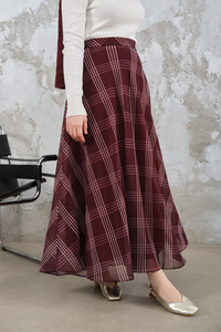 Yan Fermuarlı Kare Desen Şifon Etek Mürdüm