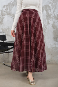 Yan Fermuarlı Kare Desen Şifon Etek Mürdüm