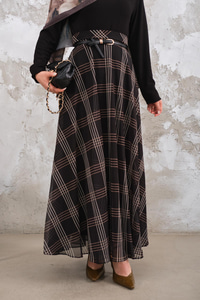 Yan Fermuarlı Kare Desen Şifon Etek Siyah