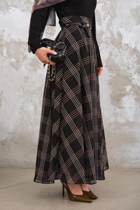 Yan Fermuarlı Kare Desen Şifon Etek Siyah