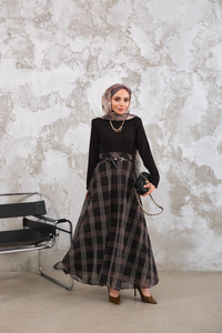 Yan Fermuarlı Kare Desen Şifon Etek Siyah