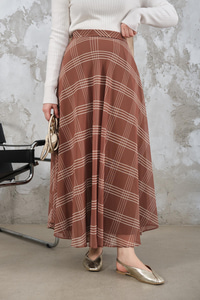 Yan Fermuarlı Kare Desen Şifon Etek Vizon