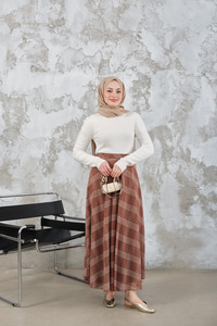 Yan Fermuarlı Kare Desen Şifon Etek Vizon