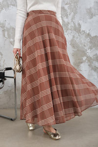 Yan Fermuarlı Kare Desen Şifon Etek Vizon