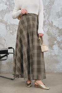 Yan Fermuarlı Kare Desen Şifon Etek Yeşil