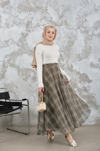 Yan Fermuarlı Kare Desen Şifon Etek Yeşil