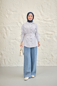 Yan Yaka Detay Bel Kemerli Gömlek Mavi