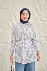 Yan Yaka Detay Bel Kemerli Gömlek Mavi