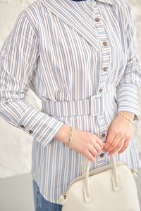 Yan Yaka Detay Bel Kemerli Gömlek Mavi