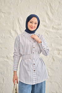 Yan Yaka Detay Bel Kemerli Gömlek Mavi