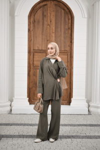 Yandan Bağlamalı Broş Detay Takım Haki Yeşil