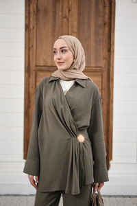 Yandan Bağlamalı Broş Detay Takım Haki Yeşil