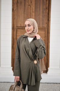 Yandan Bağlamalı Broş Detay Takım Haki Yeşil