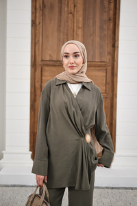 Yandan Bağlamalı Broş Detay Takım Haki Yeşil