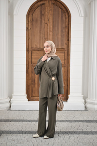 Yandan Bağlamalı Broş Detay Takım Haki Yeşil