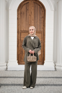 Yandan Bağlamalı Broş Detay Takım Haki Yeşil