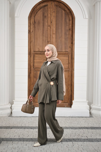 Yandan Bağlamalı Broş Detay Takım Haki Yeşil