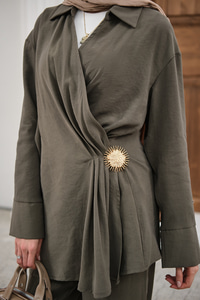 Yandan Bağlamalı Broş Detay Takım Haki Yeşil